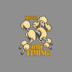 Yellow poodle with "FORMAL COAT. COMIC TIMING." text on gray background.