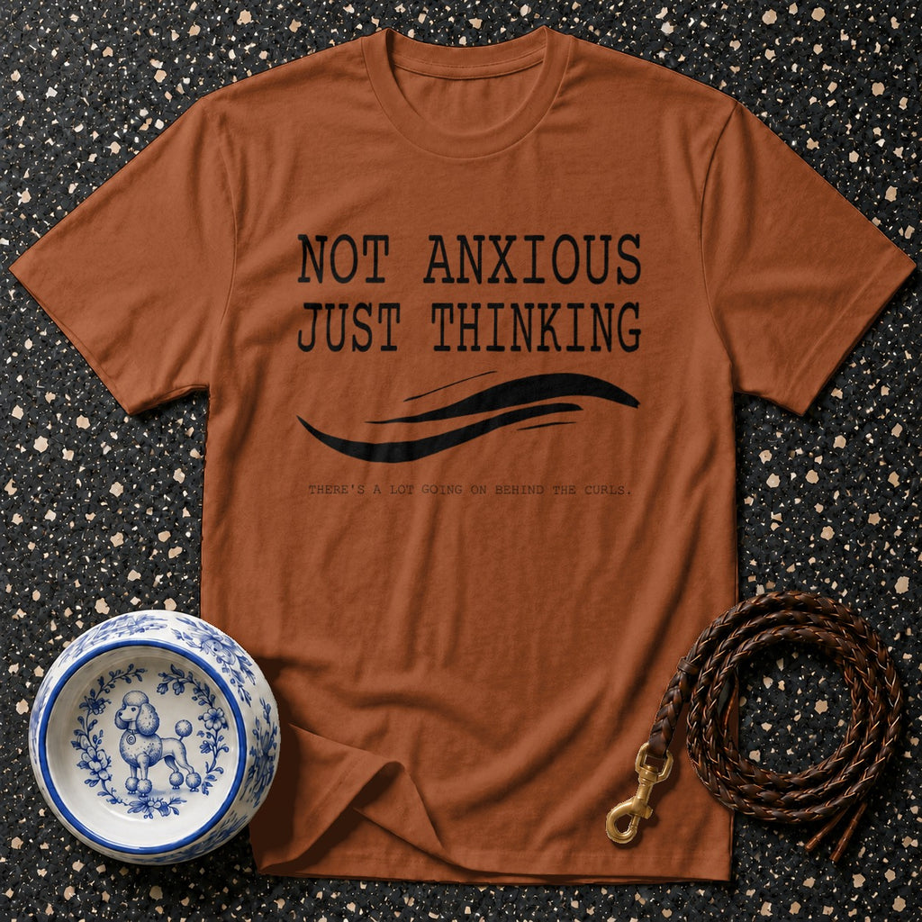 Brown t-shirt with "NOT ANXIOUS JUST THINKING" text and abstract waves.