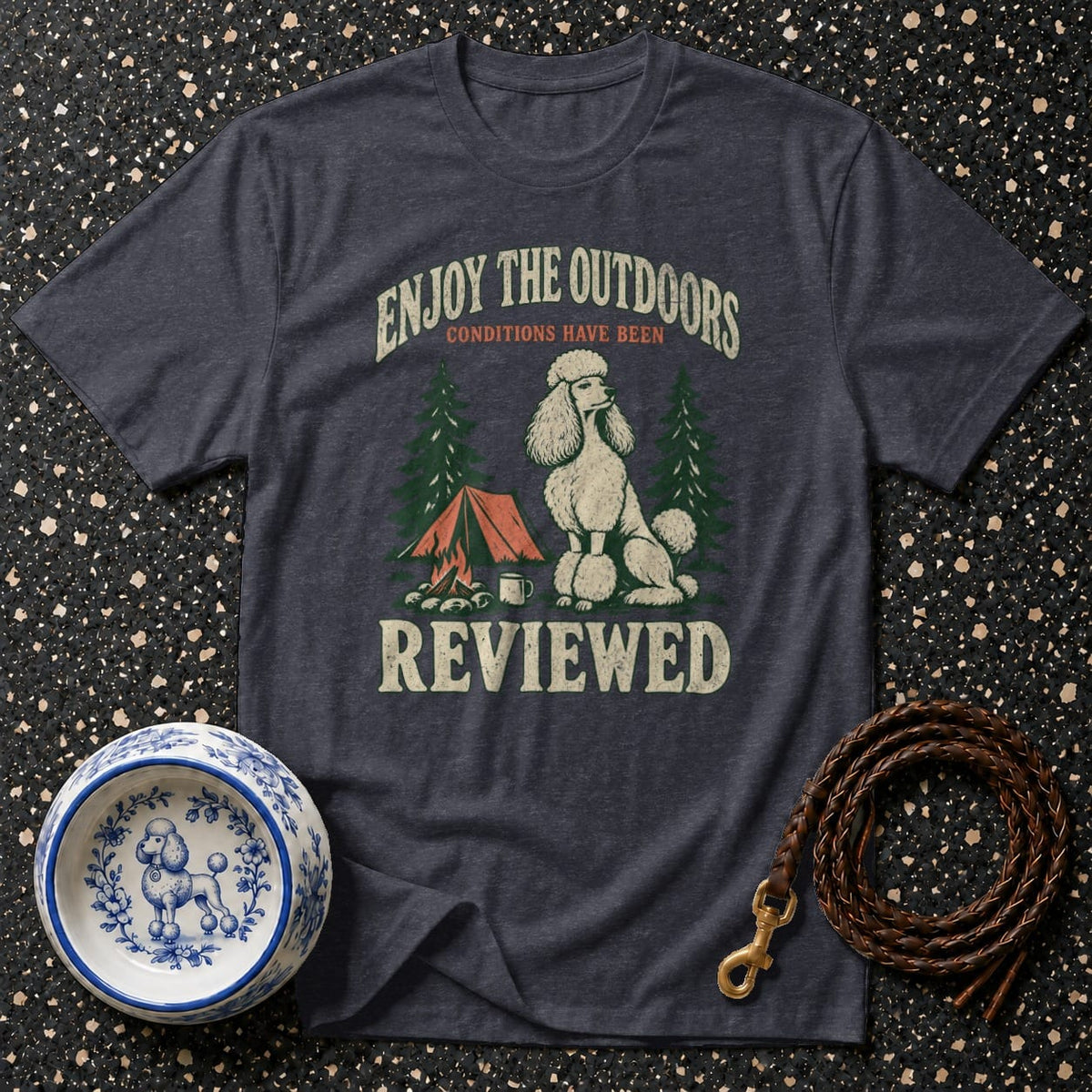 Dark gray t-shirt with "Enjoy the Outdoors" and poodle camping graphic.