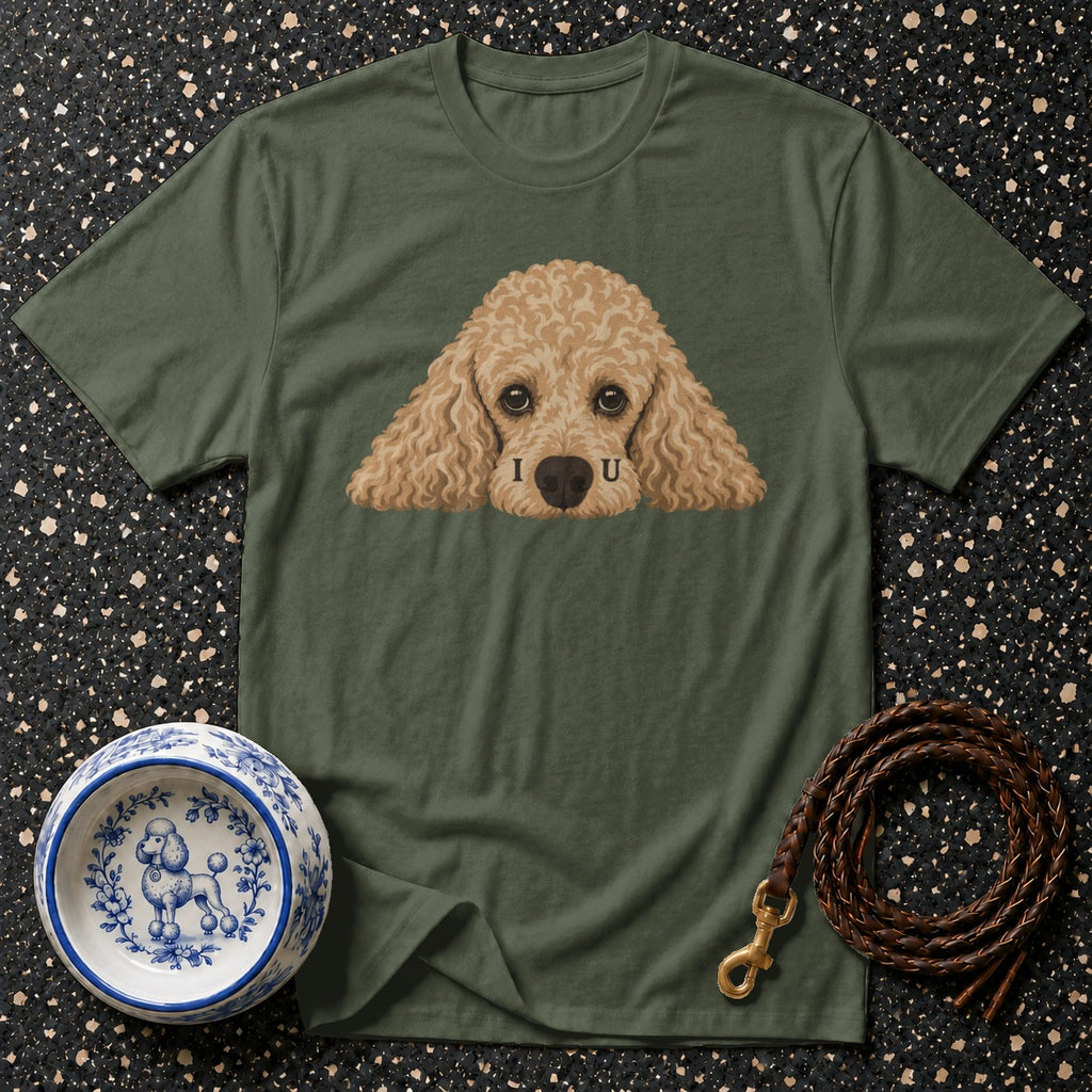 Olive green t-shirt with tan poodle graphic and "I U" text.
