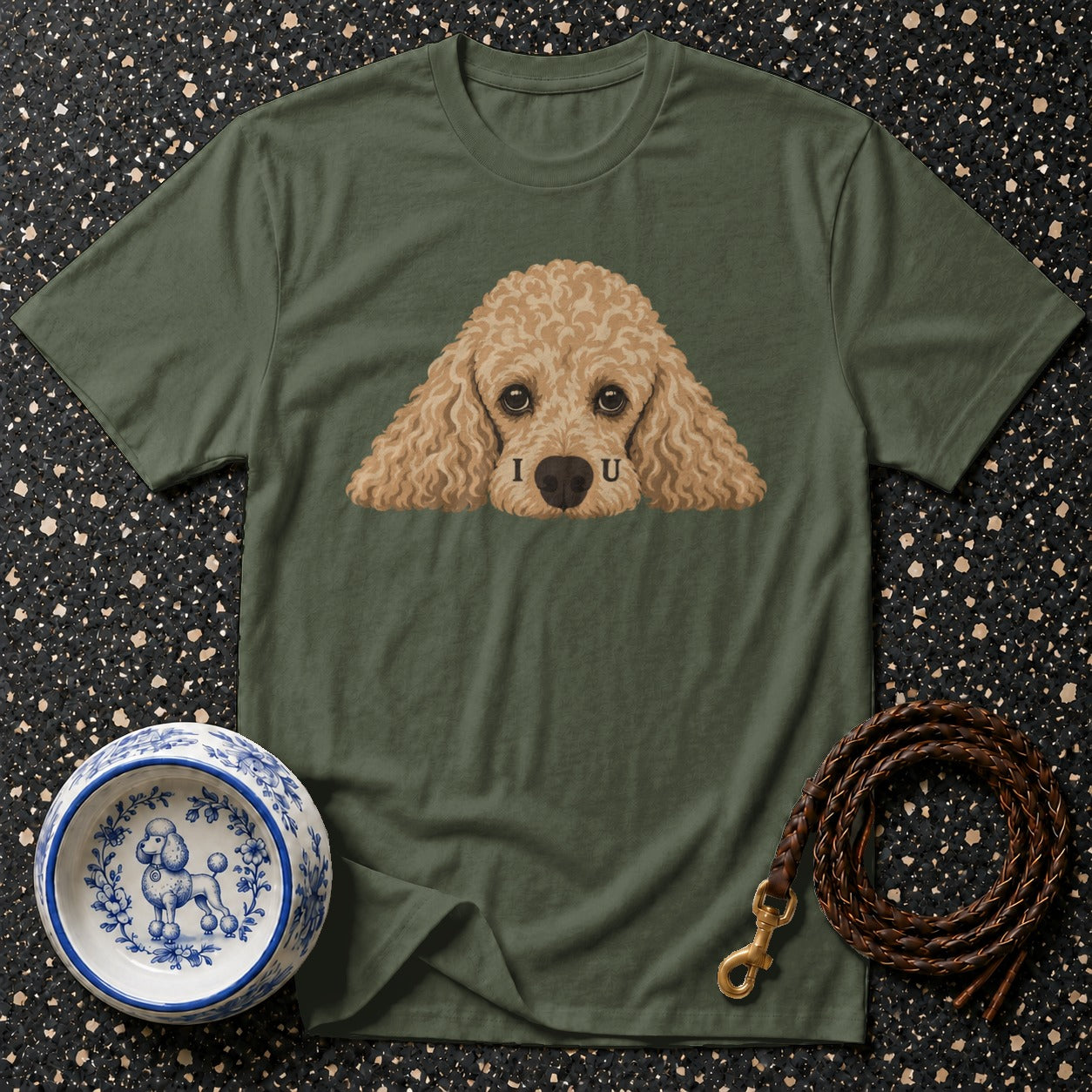 Olive green t-shirt with tan poodle graphic and "I U" text.