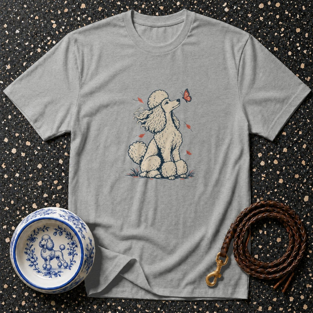 Gray t-shirt with a cream poodle and butterfly illustration.