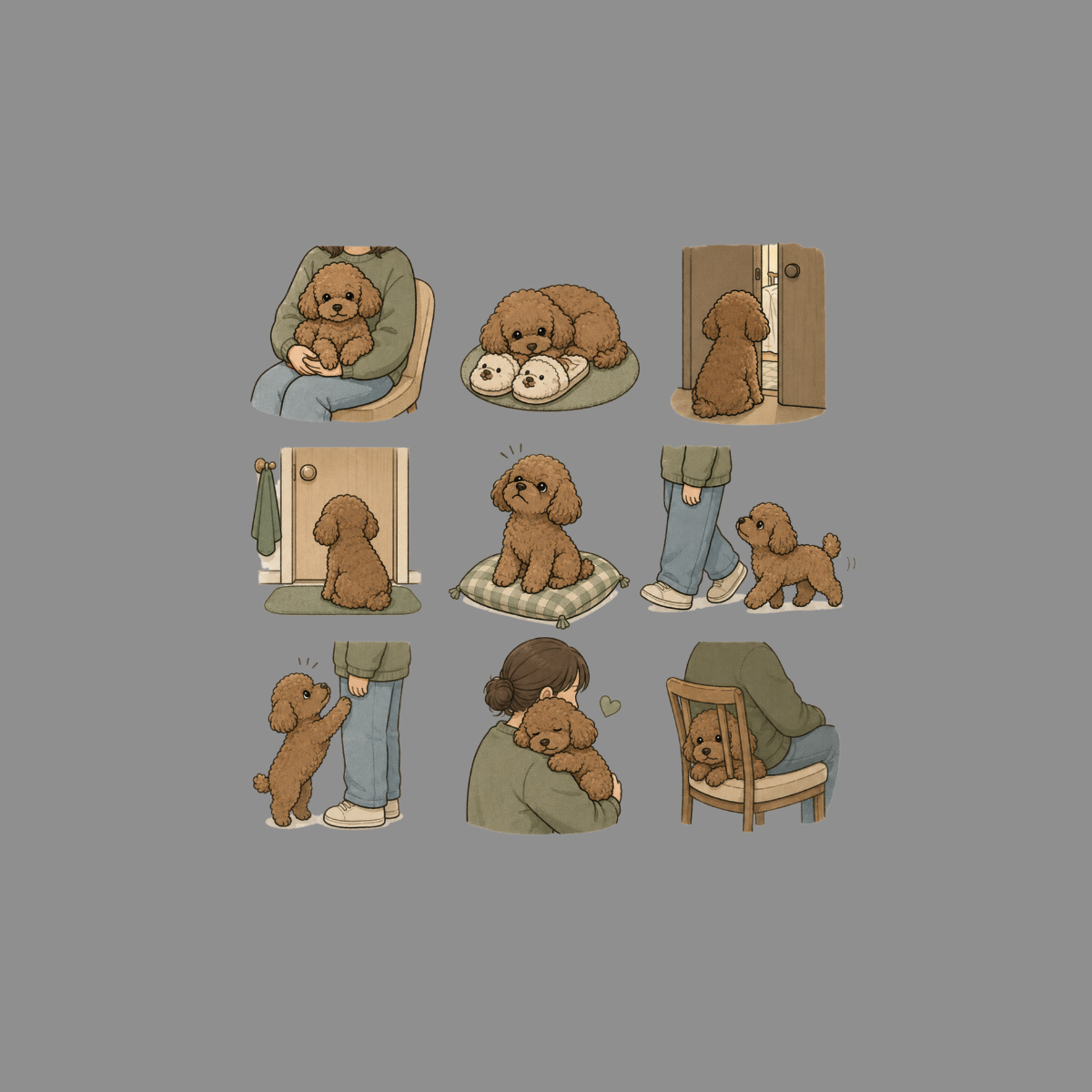 Cartoon dog scenes: being held, on slippers, by door, on cushion, walking, and cuddling.