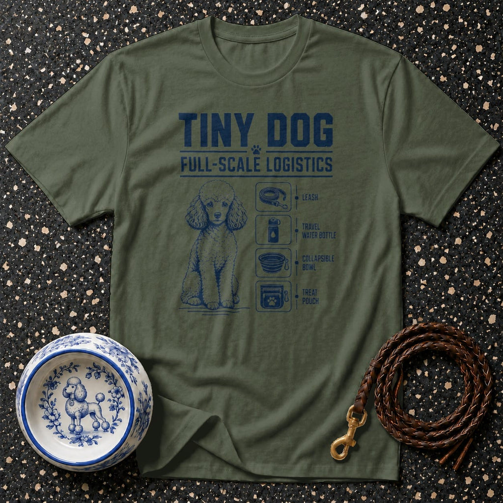 Green t-shirt with "Tiny Dog Full-Scale Logistics" and poodle illustration.