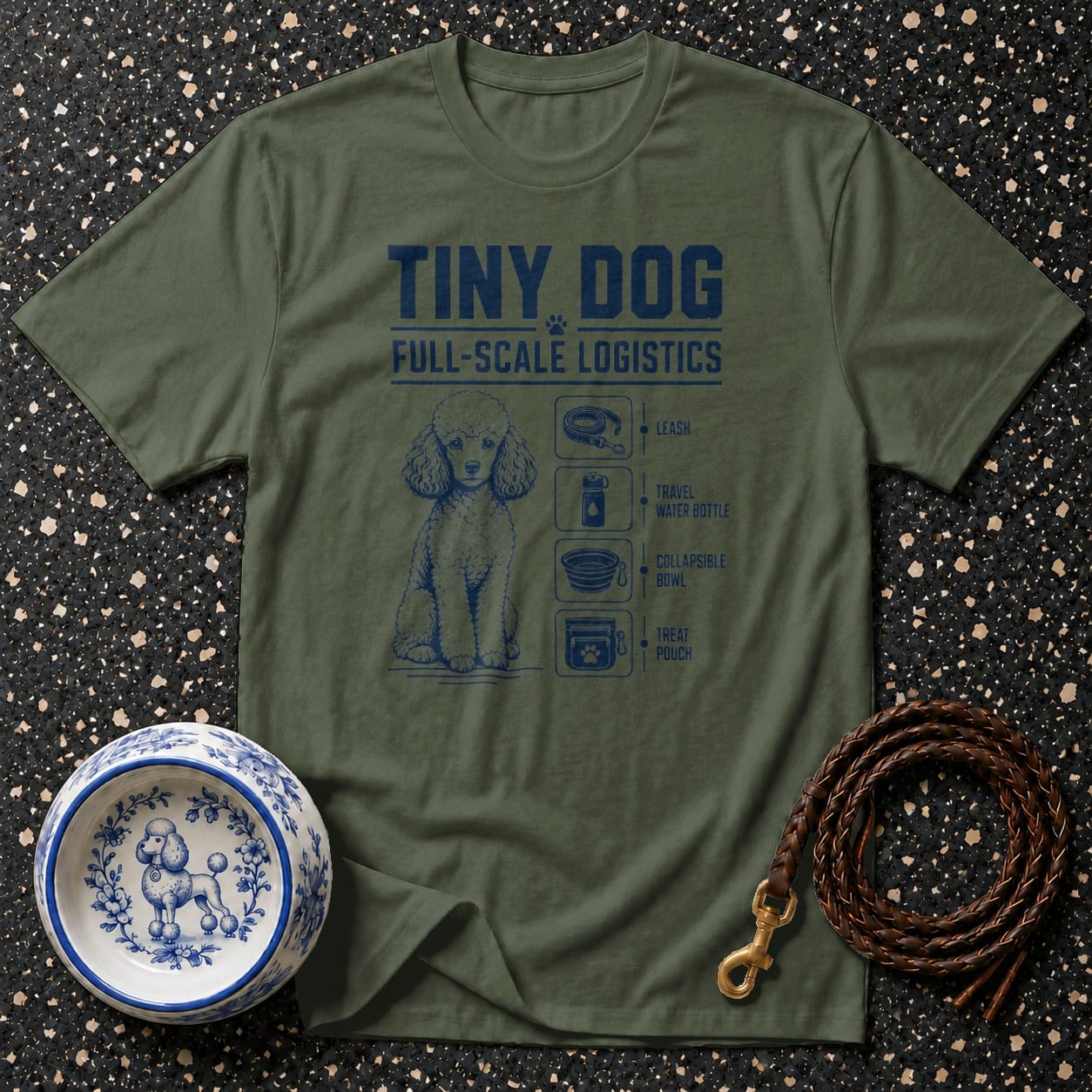 Green t-shirt with "Tiny Dog Full-Scale Logistics" and poodle illustration.