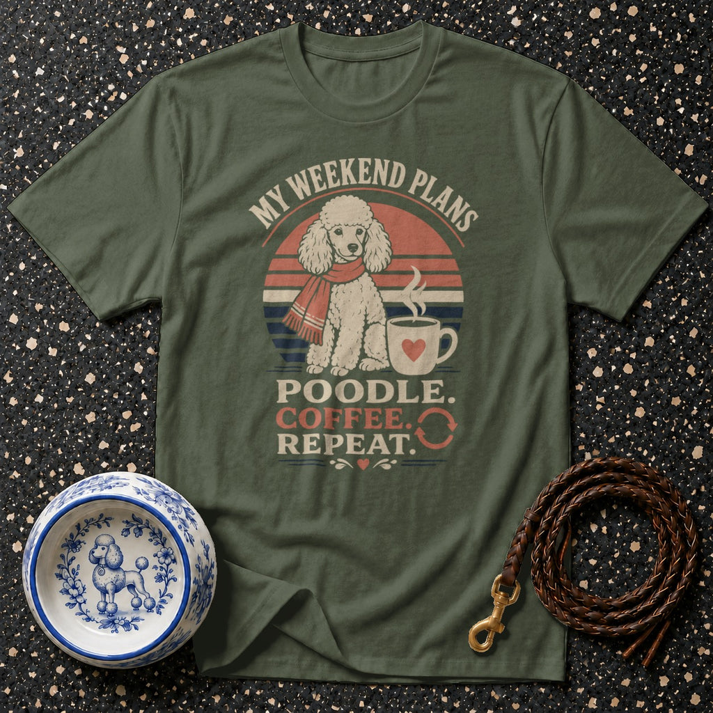 Green t-shirt with vintage poodle, coffee, and text "My Weekend Plans Poodle. Coffee. Repeat."