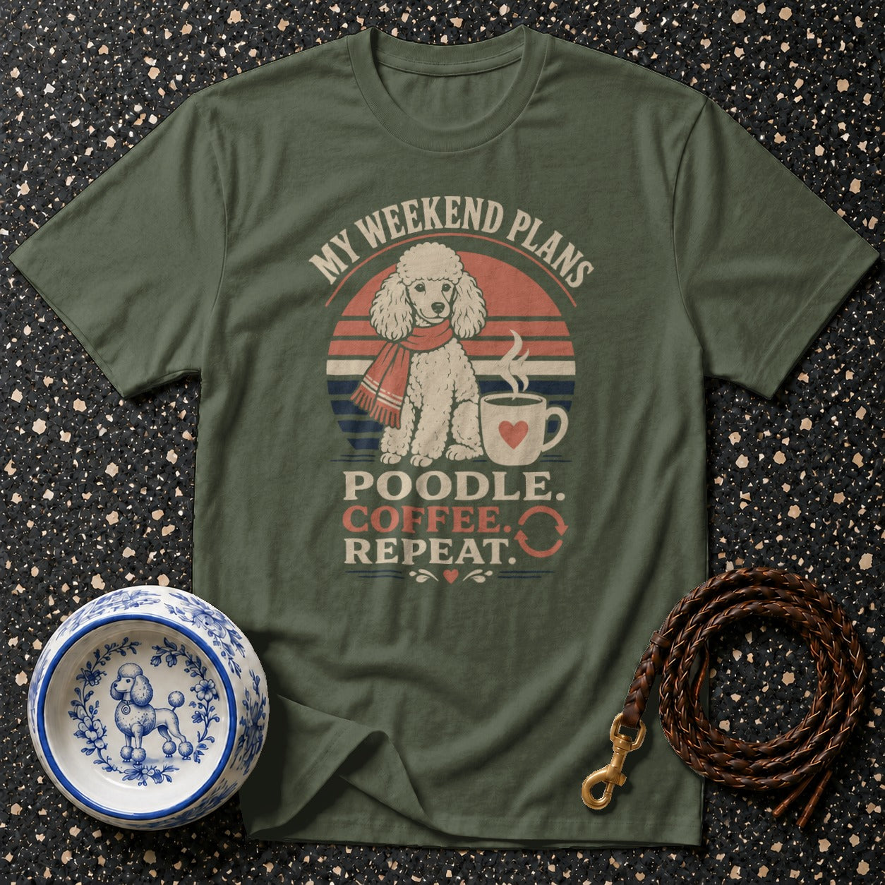 Green t-shirt with vintage poodle, coffee, and text "My Weekend Plans Poodle. Coffee. Repeat."