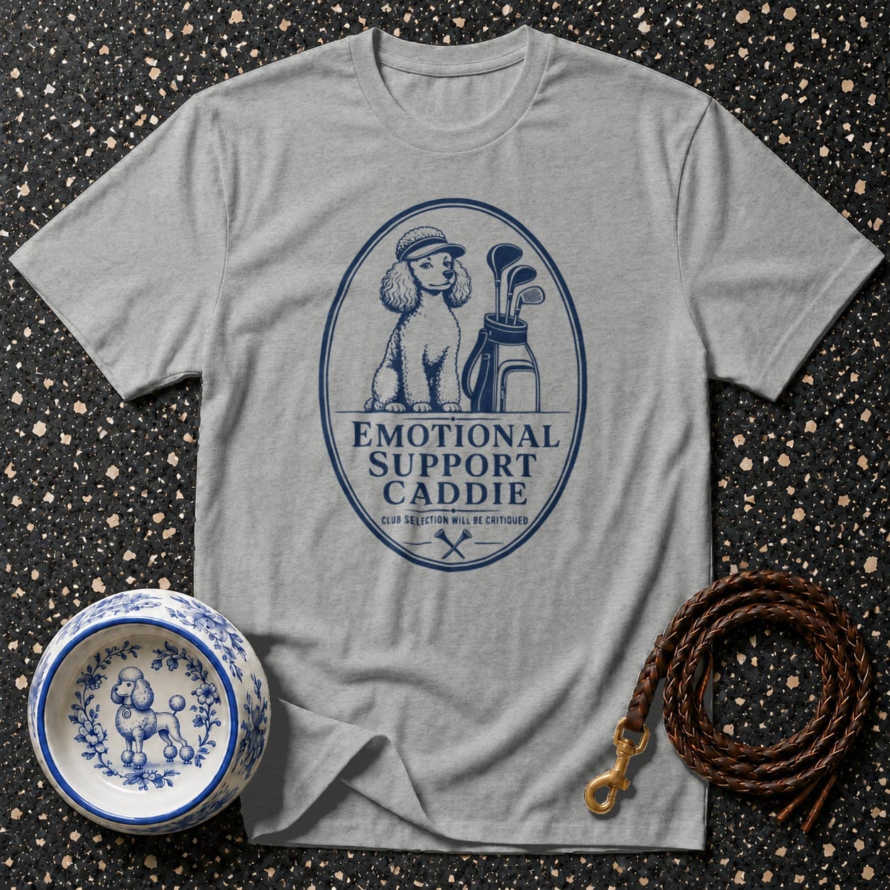 Grey t-shirt with a poodle, golf bag, and text "Emotional Support Caddie".