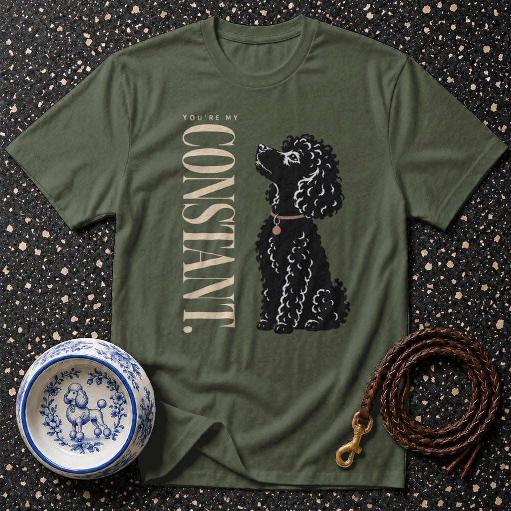 Green t-shirt with a black poodle illustration and "You're My Constant" text.