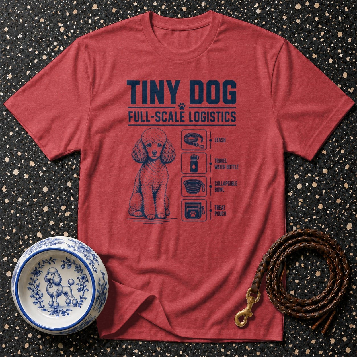 Red t-shirt with "Tiny Dog Full-Scale Logistics" and poodle graphic with supplies list.