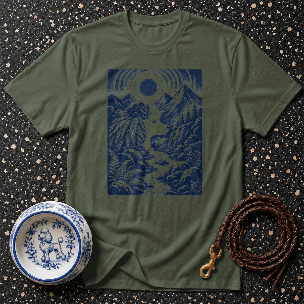 Olive green t-shirt with a blue mountain landscape and sun graphic.
