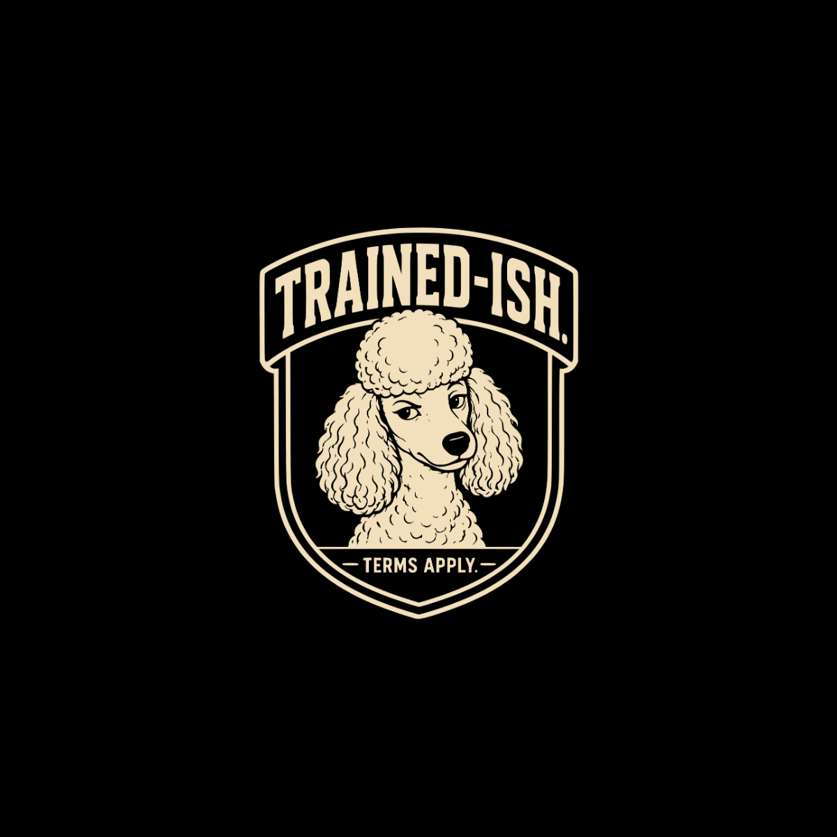 Trained-ish poodle logo with "Terms Apply." text on a black background.