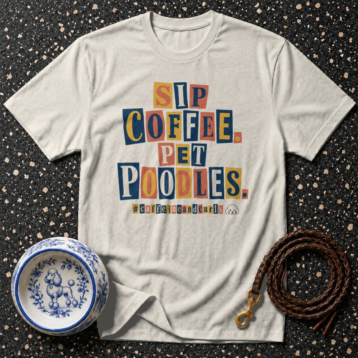 Cream t-shirt with "Sip Coffee Pet Poodles" text and "#caffeineandcurls" hashtag.
