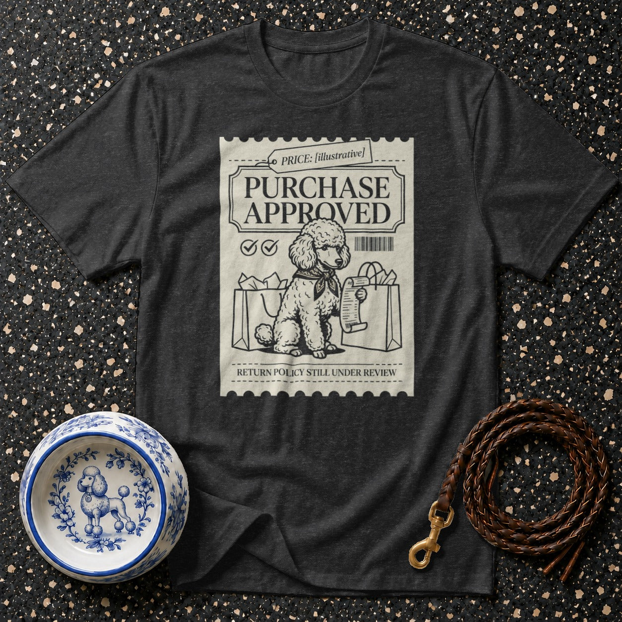 Dark gray t-shirt with "PURCHASE APPROVED" stamp graphic featuring a poodle.