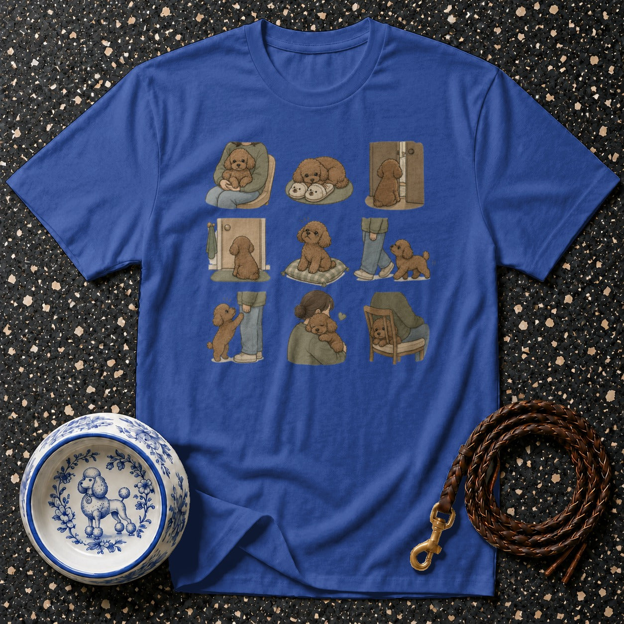 Blue t-shirt with nine illustrated scenes of poodles interacting with people and slippers.