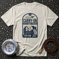 White t-shirt with a poodle in a carrier graphic that reads "CARRY-ON WITH STRONG OPINIONS".