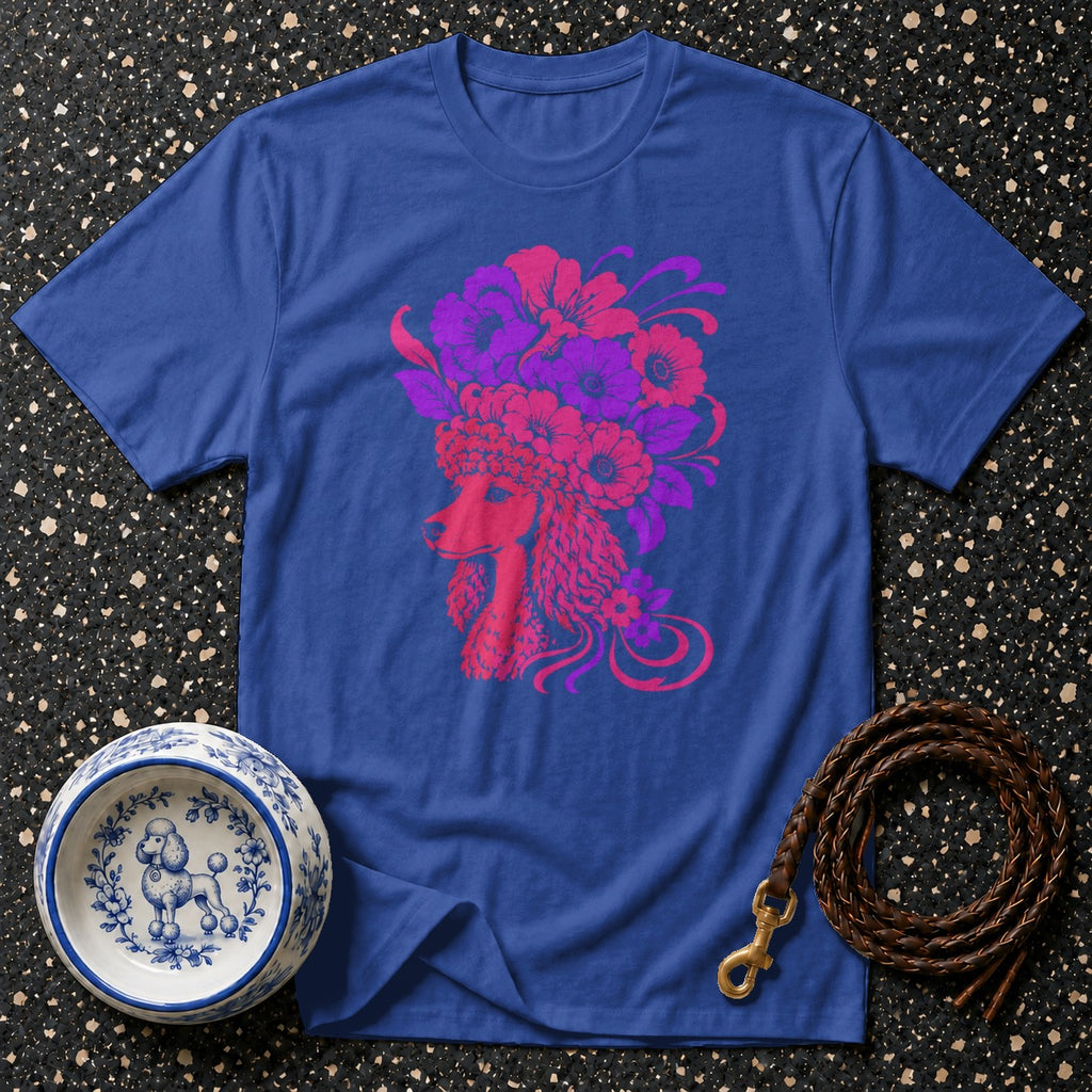 Blue t-shirt with a pink and purple floral poodle graphic.
