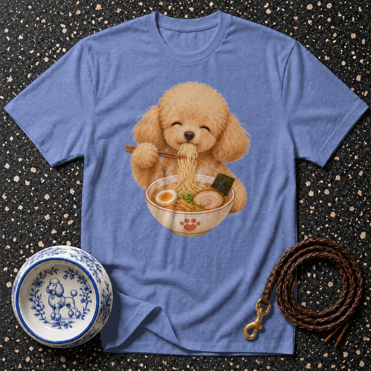 Poodle eating ramen noodles from a bowl with paw print accent.