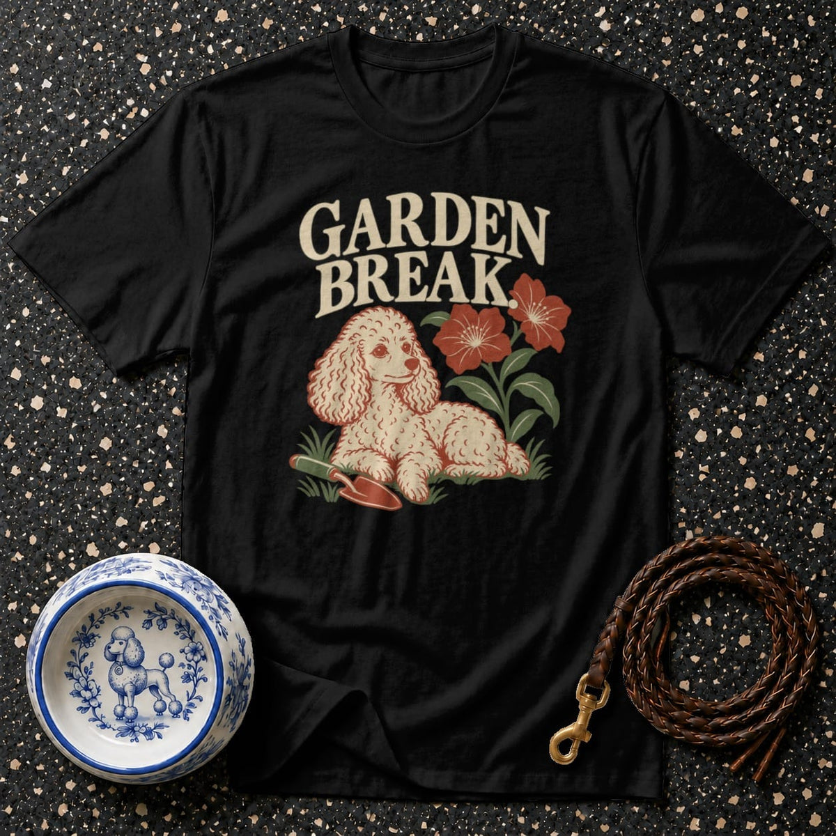 Black t-shirt with "GARDEN BREAK" and a poodle in a garden setting.