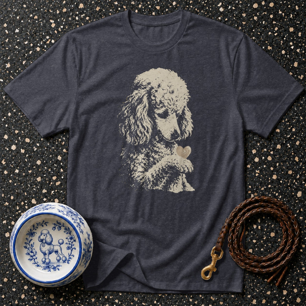 Dark gray t-shirt with distressed poodle holding a heart graphic.