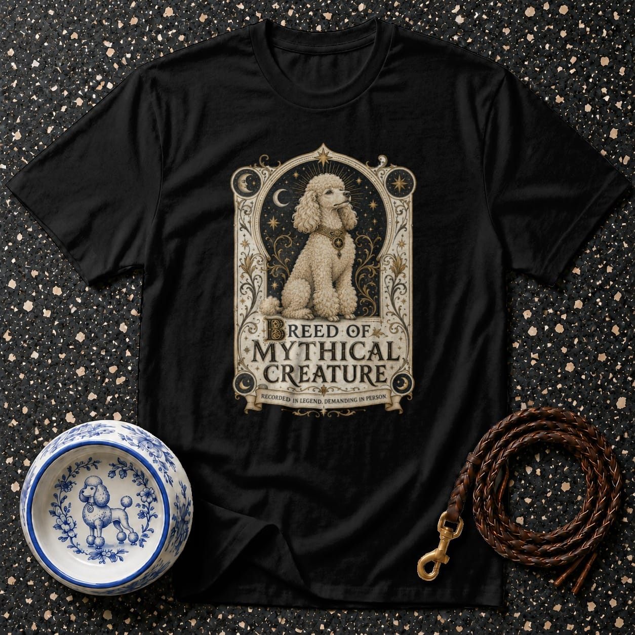 Black t-shirt with poodle and "Breed of Mythical Creature" text design.
