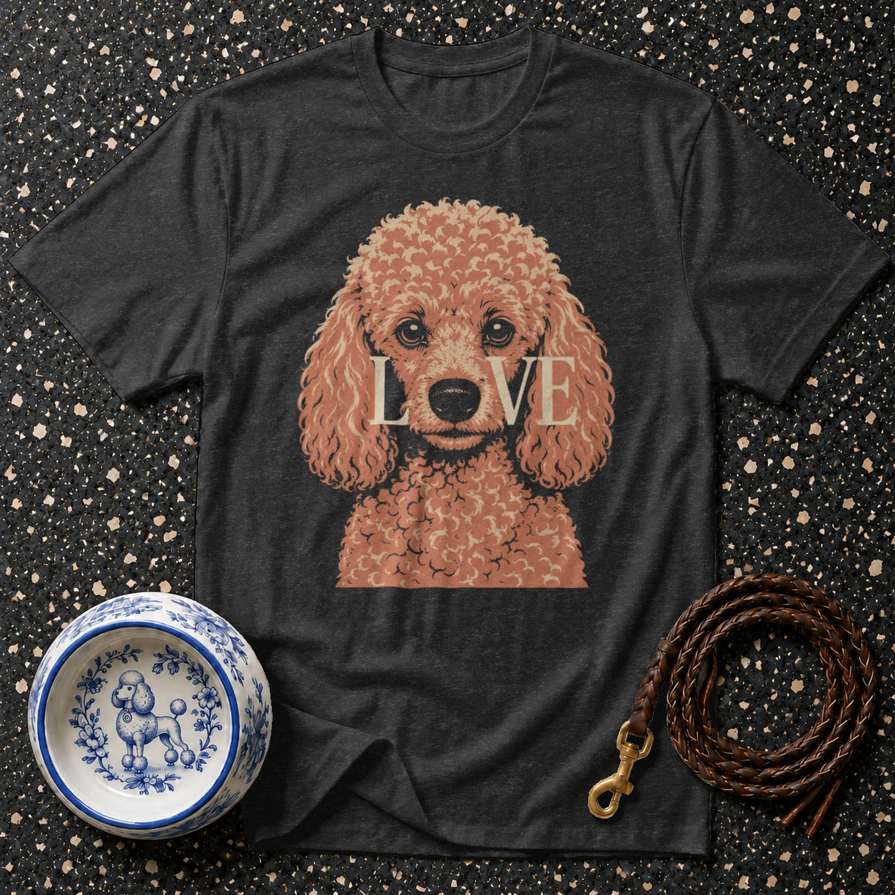 T-shirt with a stylized apricot poodle graphic and the word LOVE.