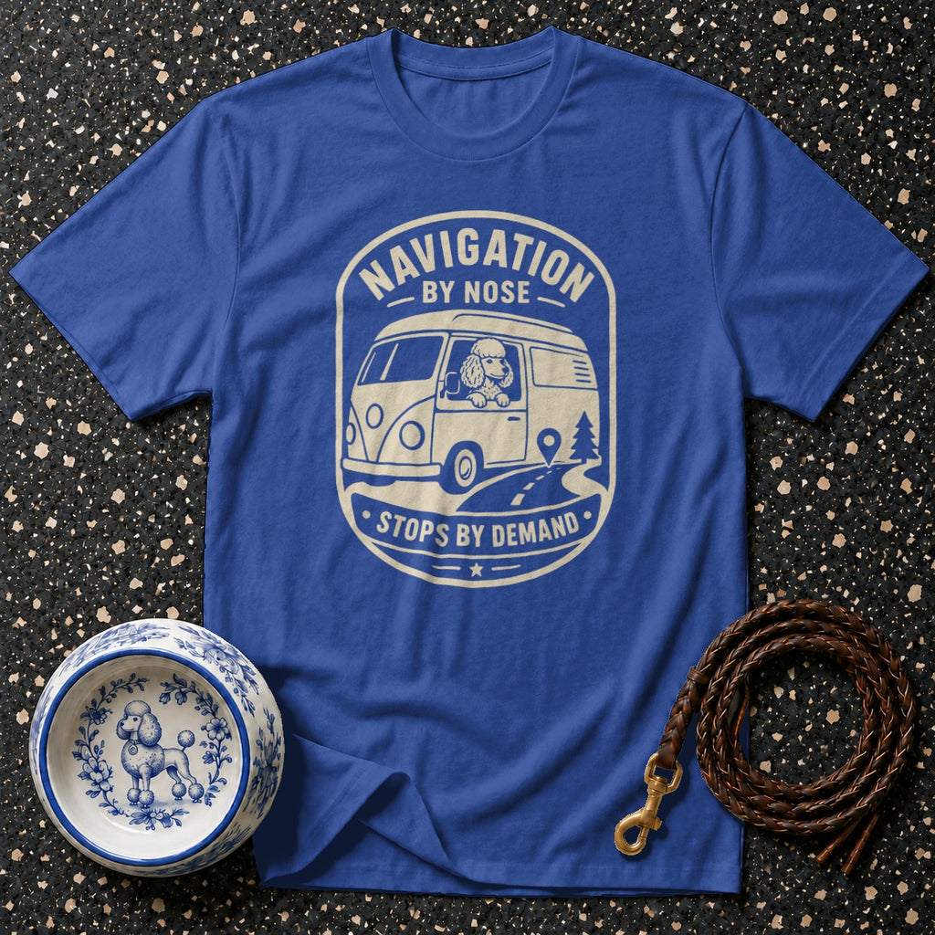 Blue t-shirt with circle graphic featuring a poodle driving a van.