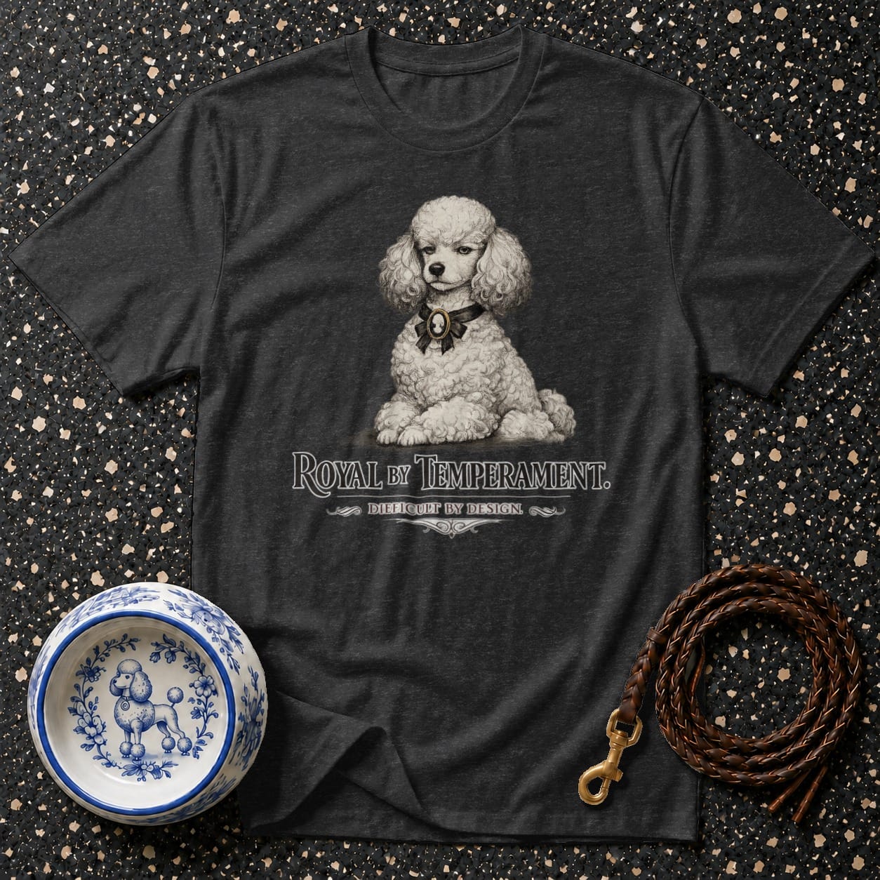Gray t-shirt with a poodle illustration and "Royal by Temperament" text.