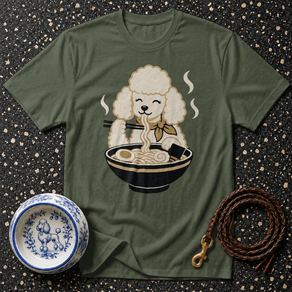 Green t-shirt with poodle eating ramen and a decorative dog bowl.