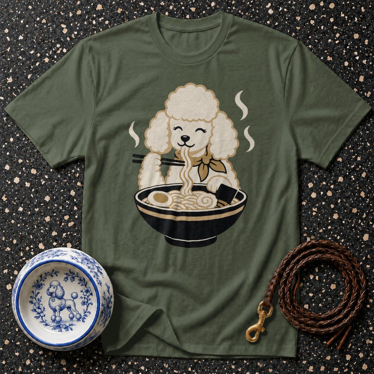 Green t-shirt with poodle eating ramen and a decorative dog bowl.