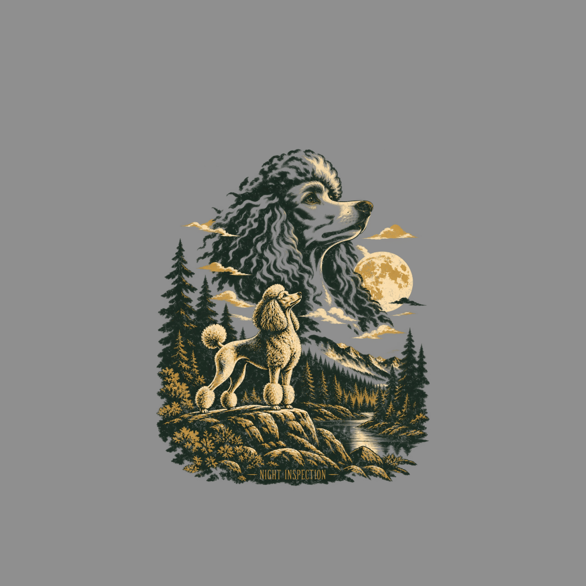 Two poodles, one small on a rock, one large in the sky, under a full moon.