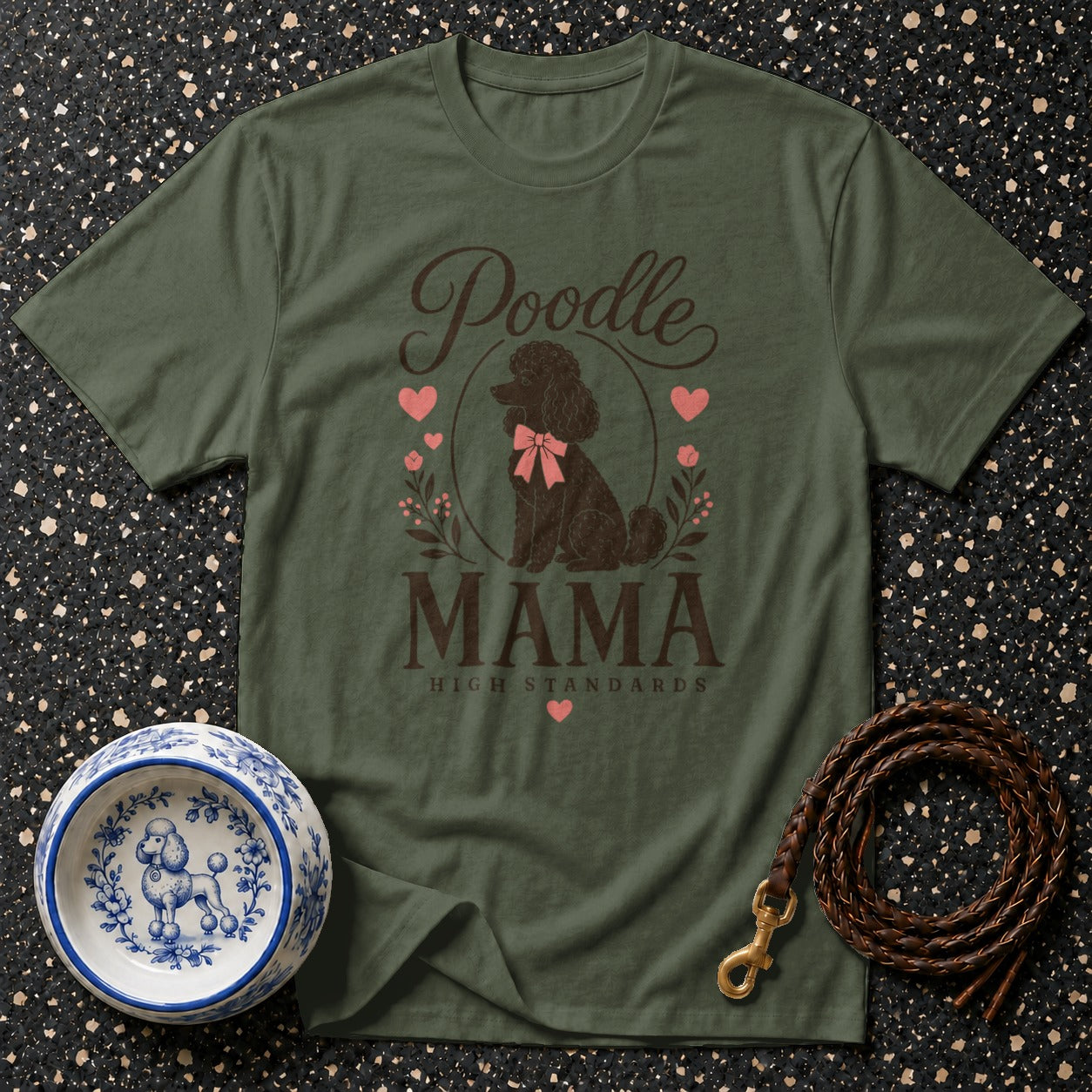 Olive green t-shirt with "Poodle Mama High Standards" text and poodle graphic.