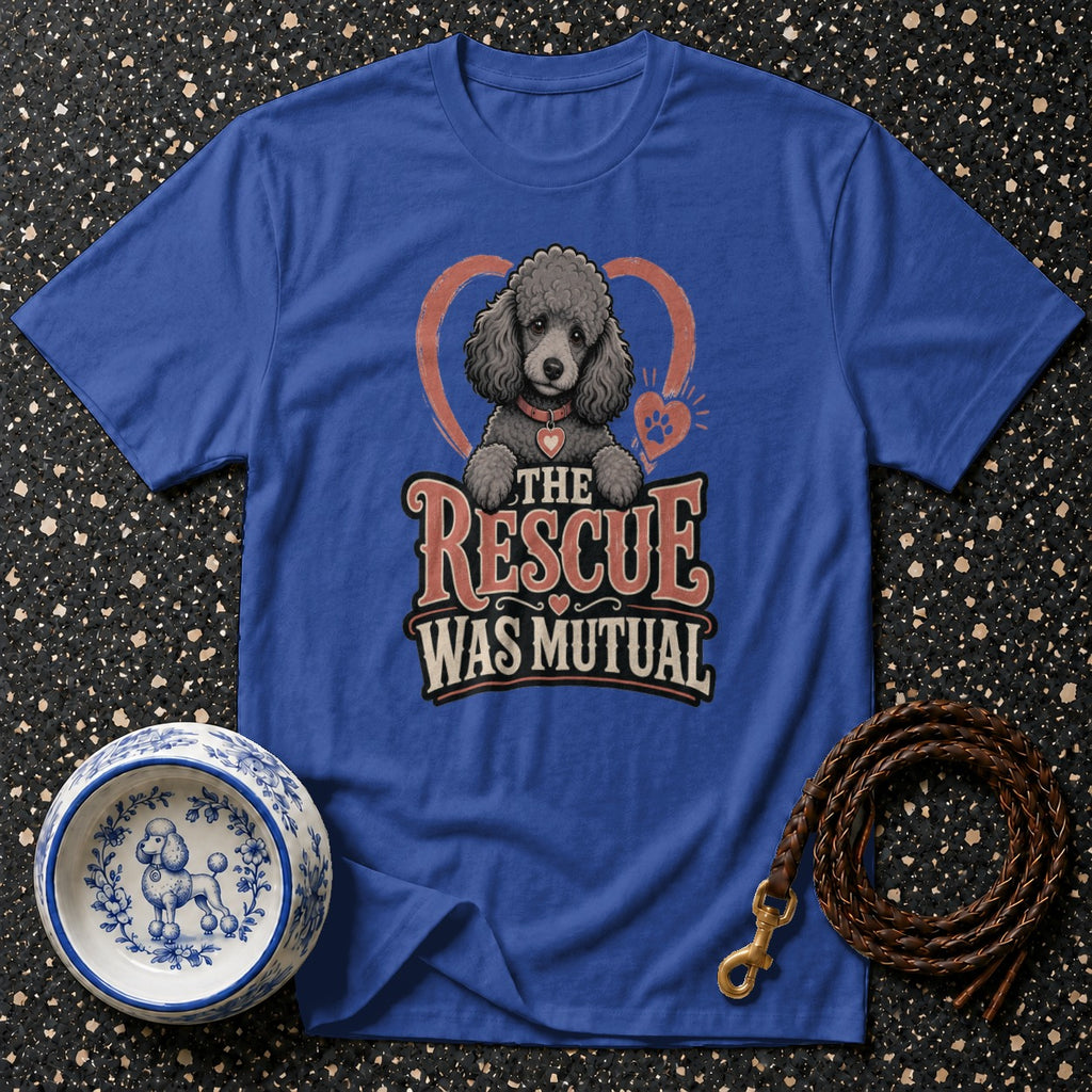 Blue t-shirt with poodle graphic and "The Rescue Was Mutual" text.