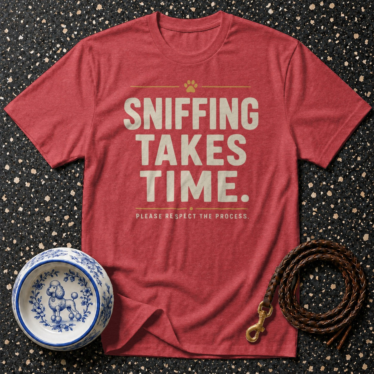 Red t-shirt with "Sniffing Takes Time. Please Respect the Process." text and dog-themed items.