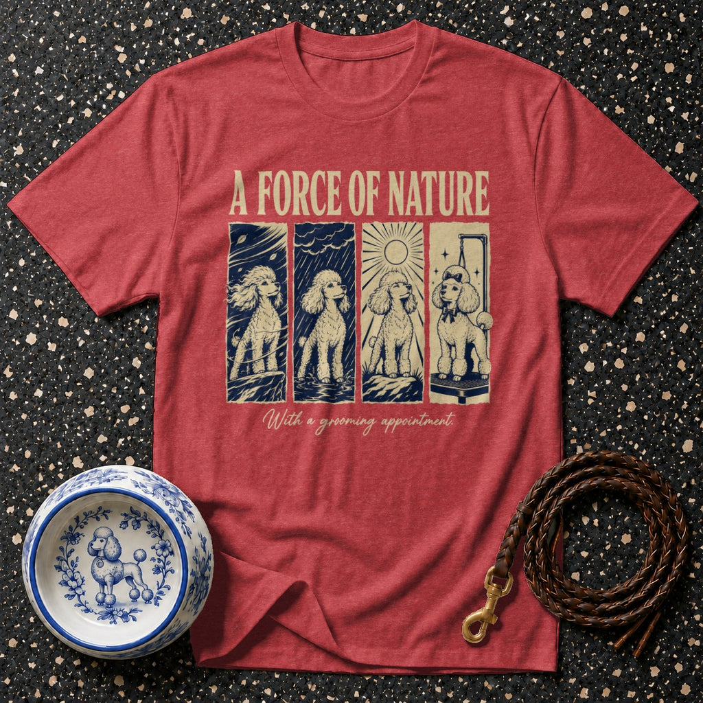 Red t-shirt with "A Force of Nature" graphic of poodles in different scenes.