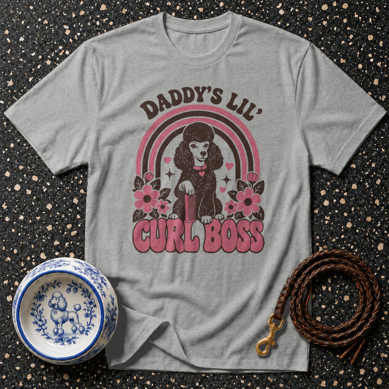 Grey t-shirt with poodle graphic and text "DADDY'S LIL' CURL BOSS"