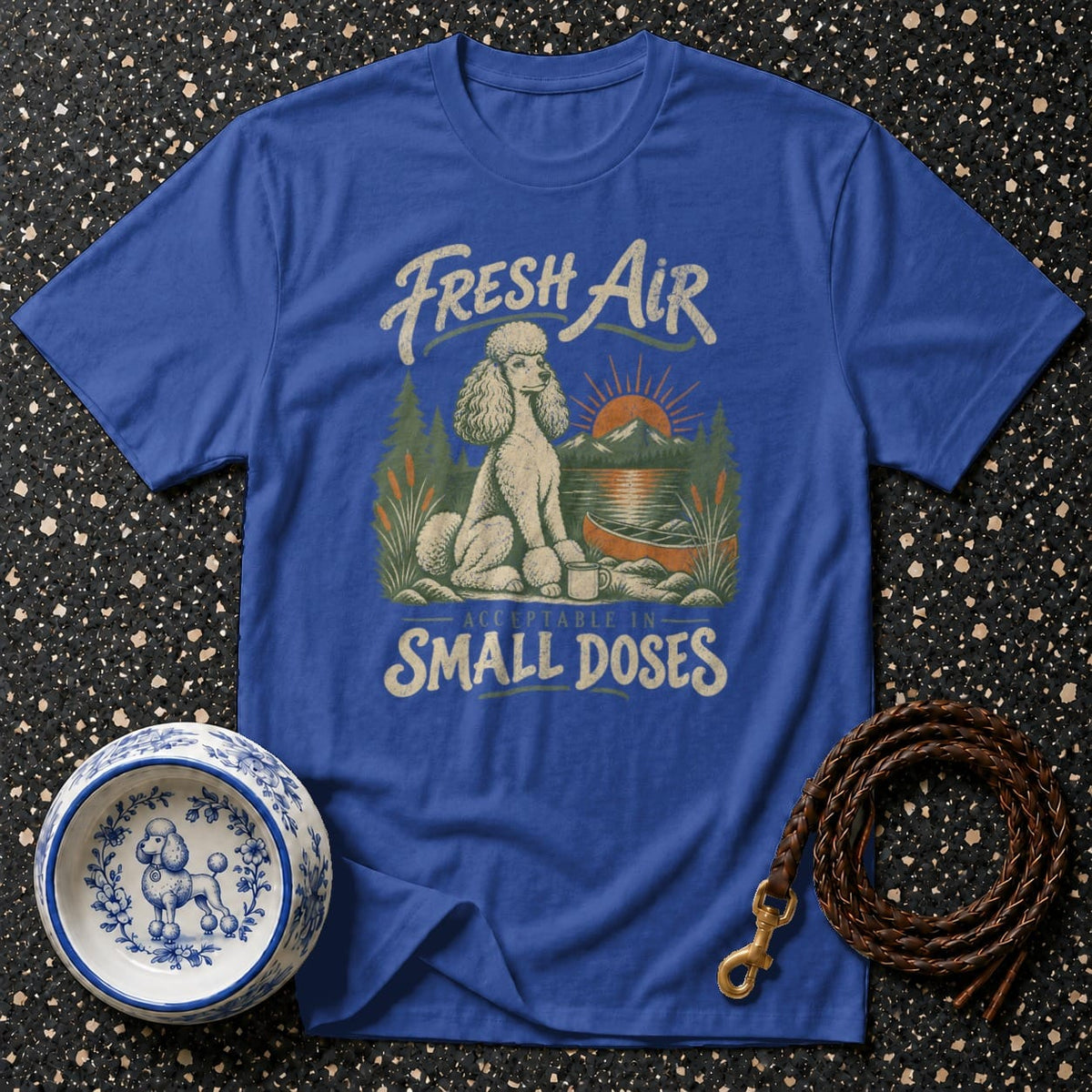 Royal blue t-shirt with a poodle graphic and text "Fresh Air Acceptable In Small Doses".