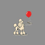 Poodle looks up at red balloon holding comb, text "I was using that".
