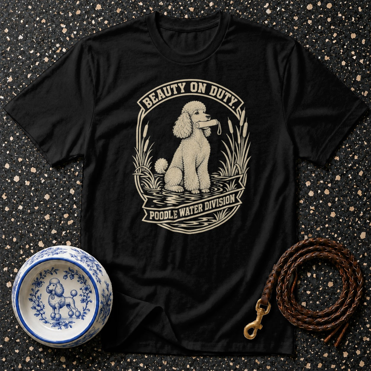 Black t-shirt with a poodle graphic and text "BEAUTY ON DUTY" and "POODLE WATER DIVISION".