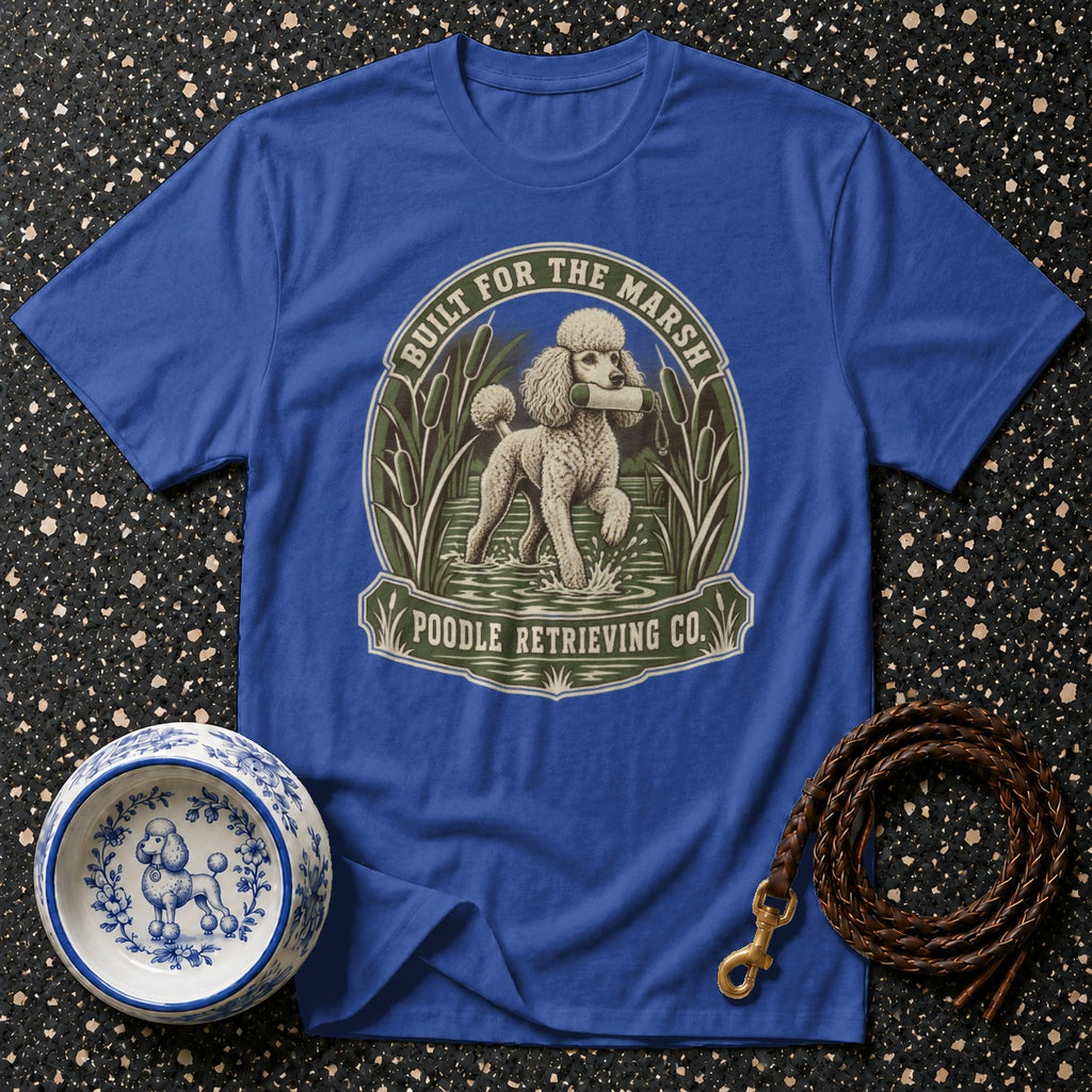 Blue t-shirt with a poodle retrieving in a marsh, text "Built for the Marsh Poodle Retrieving Co."