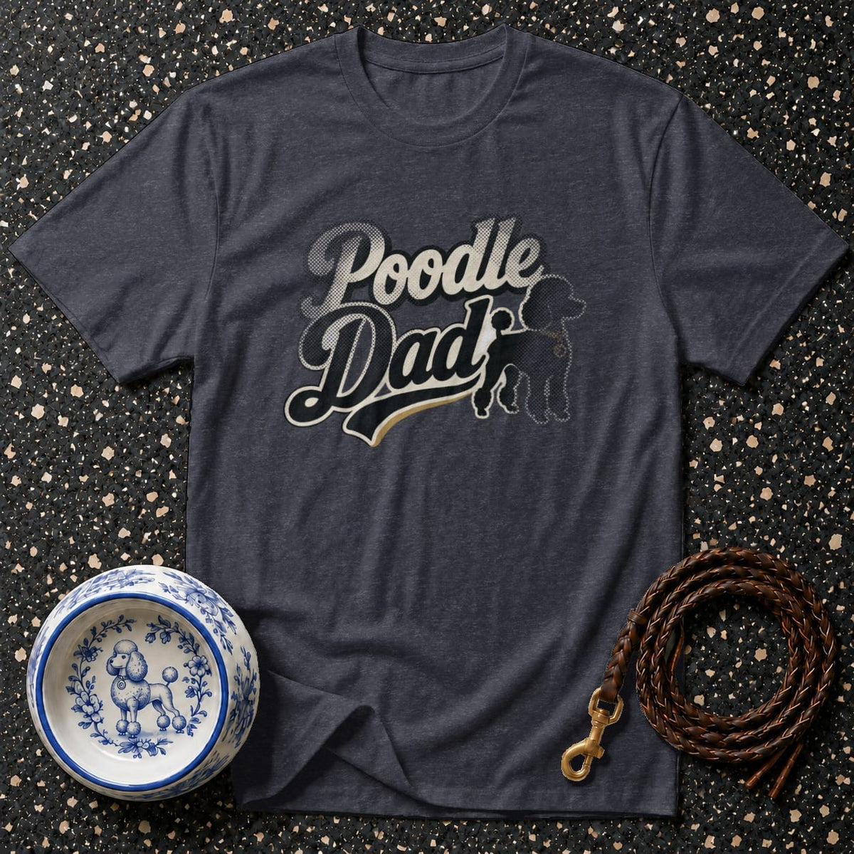 Dark gray t-shirt with "Poodle Dad" text and poodle silhouette.