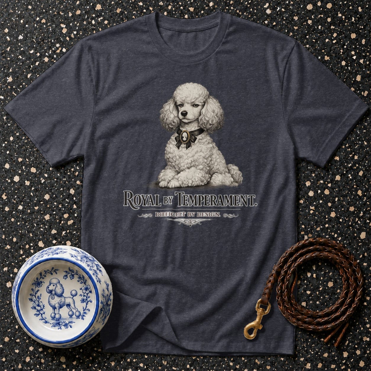 Dark gray t-shirt with a white poodle graphic and "Royal by Temperament" text.