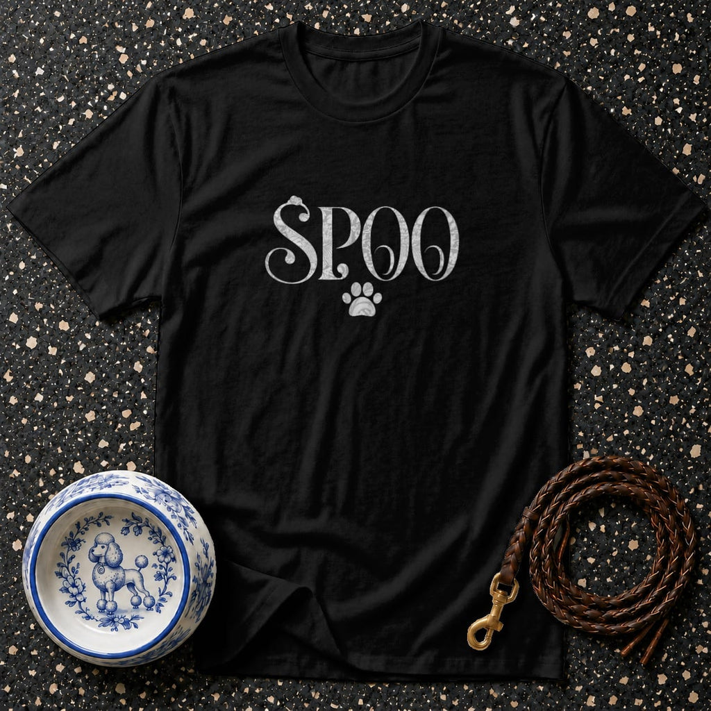Black t-shirt with "SPOO" and a paw print, next to a dog bowl and leash.