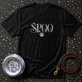 Black t-shirt with "SPOO" and a paw print, next to a dog bowl and leash.