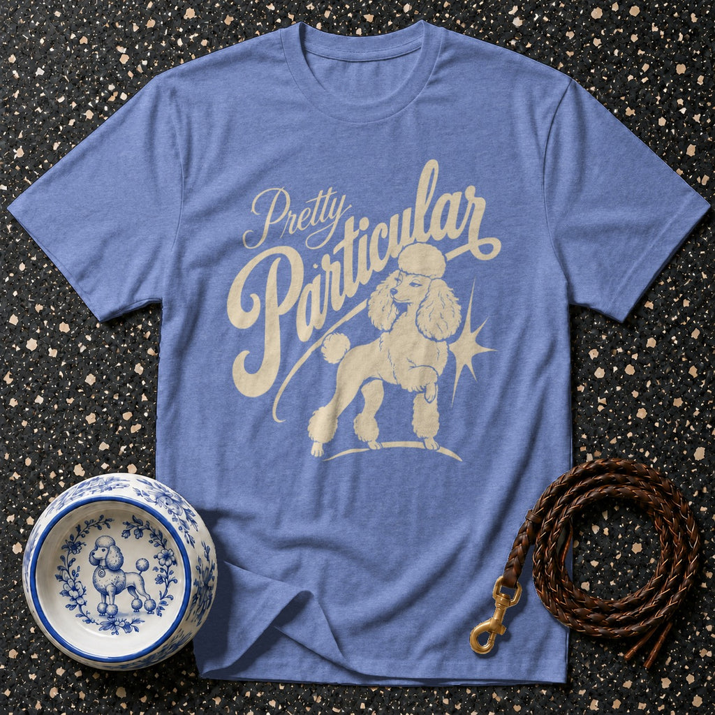 Blue t-shirt with "Pretty Particular" text and a poodle graphic.