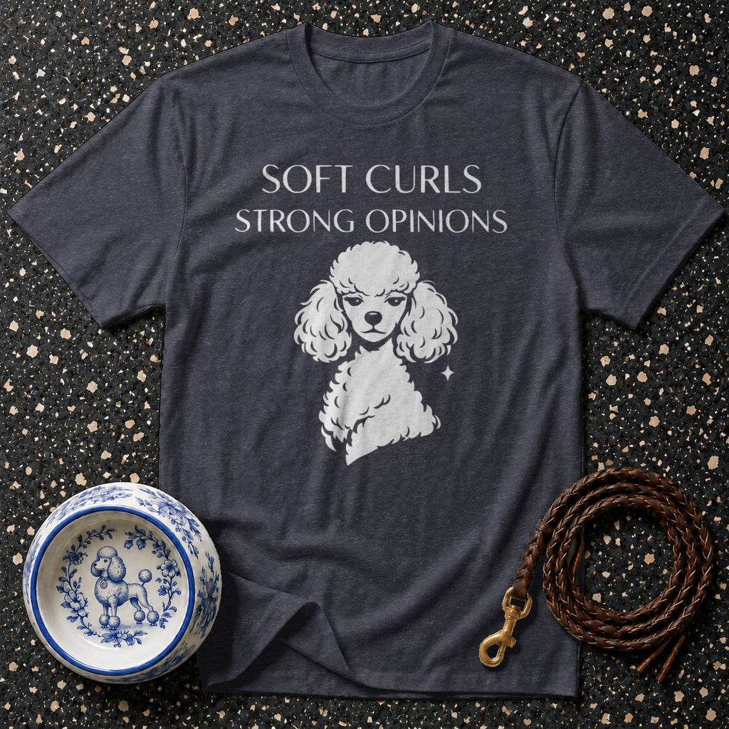 Dark grey t-shirt with white poodle graphic and text "SOFT CURLS STRONG OPINIONS".