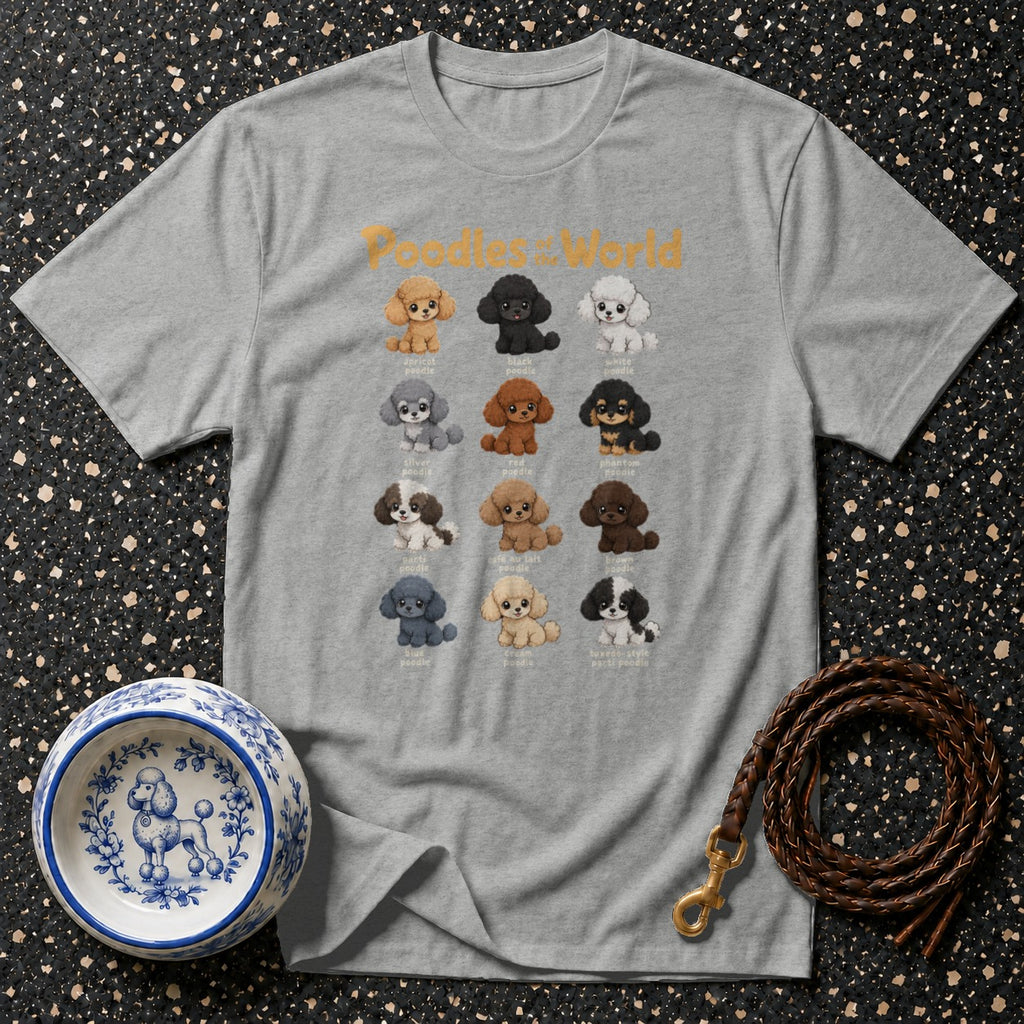 Grey t-shirt featuring "Poodles of the World" with illustrations of various poodle colors.