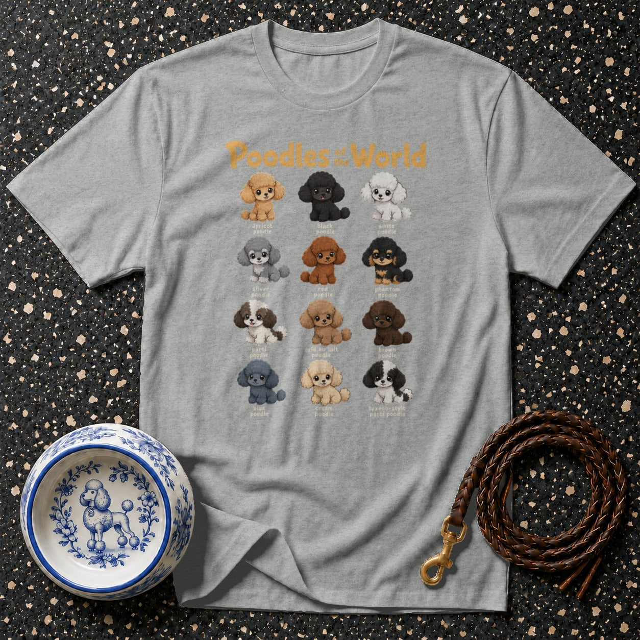 Grey t-shirt featuring "Poodles of the World" with illustrations of various poodle colors.