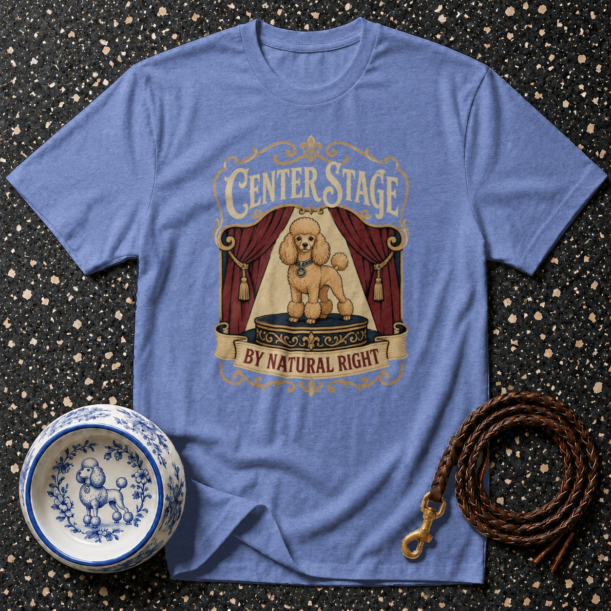 Blue t-shirt with "Center Stage By Natural Right" and poodle graphic.