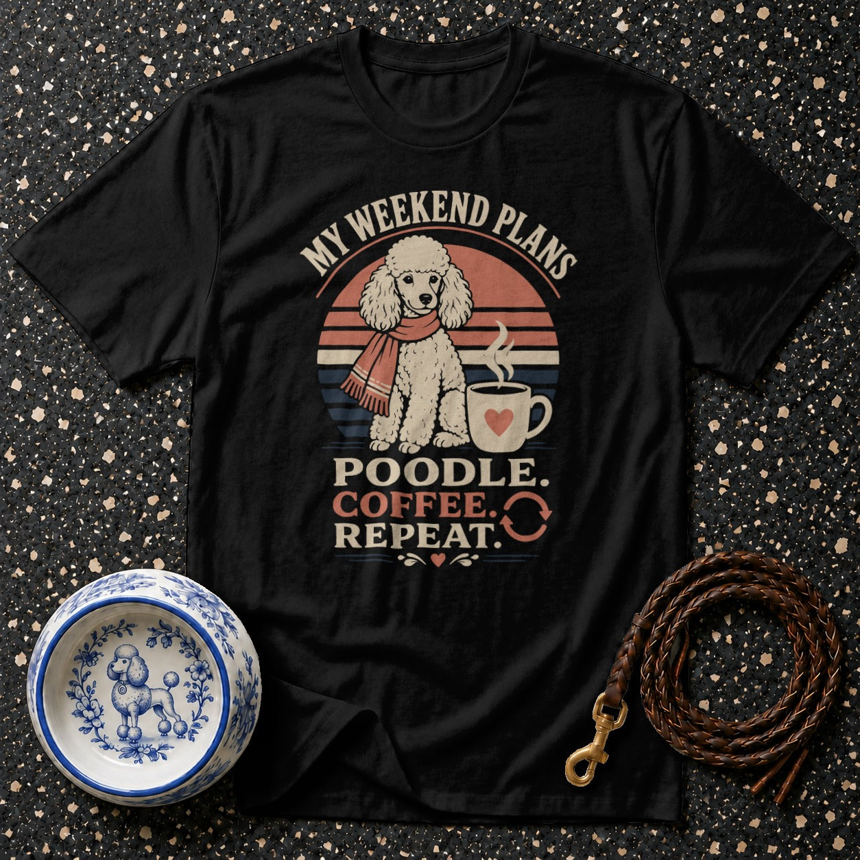 Black t-shirt with a poodle, coffee cup, and text: My Weekend Plans Poodle. Coffee. Repeat.